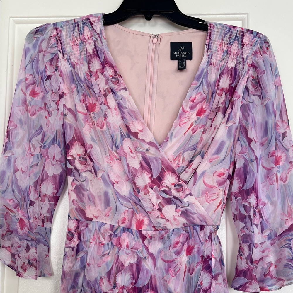 Adrianna Papell Floral Chiffon Wrap Midi Dress | Pink Purple Wedding Guest - Picture 3 of 7